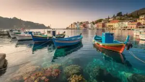 Coastal Town Fishing Boats Harbor View