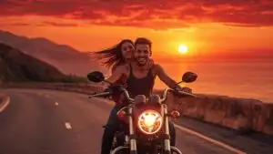 Couple Riding Motorcycle Sunset Road
