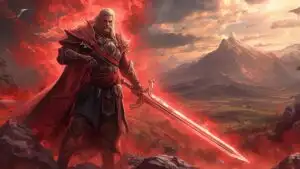 Crimson Blade Warrior Over the Burning Valley