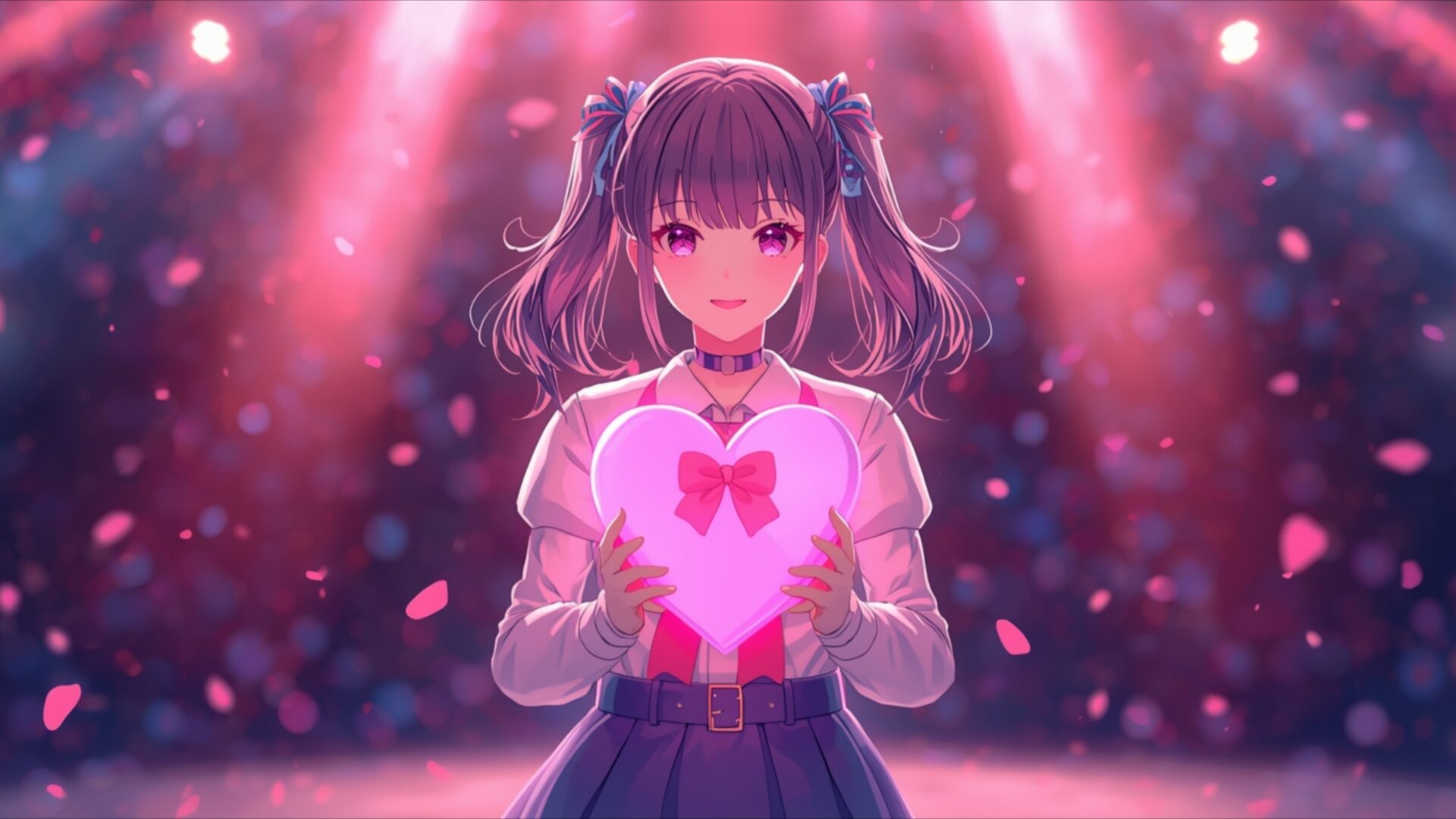 cute anime idol girl with heart glowstick wallpaper, anime, anime cute, anime girl, anime idol girl, colorful lights, cute idol, heart glowstick, idol aesthetic, desktop, mobile, background