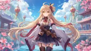 Cute Blonde Anime Girl in Spring Fantasy Village