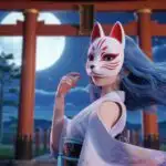 Cute Blue Hair Fox Mask Anime Girl Under Torii Gate