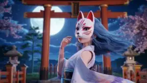 Cute Blue Hair Fox Mask Anime Girl Under Torii Gate