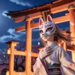 Cute Fox Mask Girl Under Torii Gate
