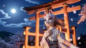 Cute Fox Mask Girl Under Torii Gate