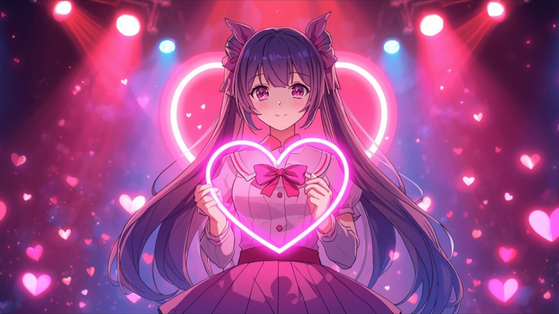 cute idol girl holding heart glowstick wallpaper, anime, aesthetic, anime, cute, girl, heart, idol, stage, desktop, mobile, background
