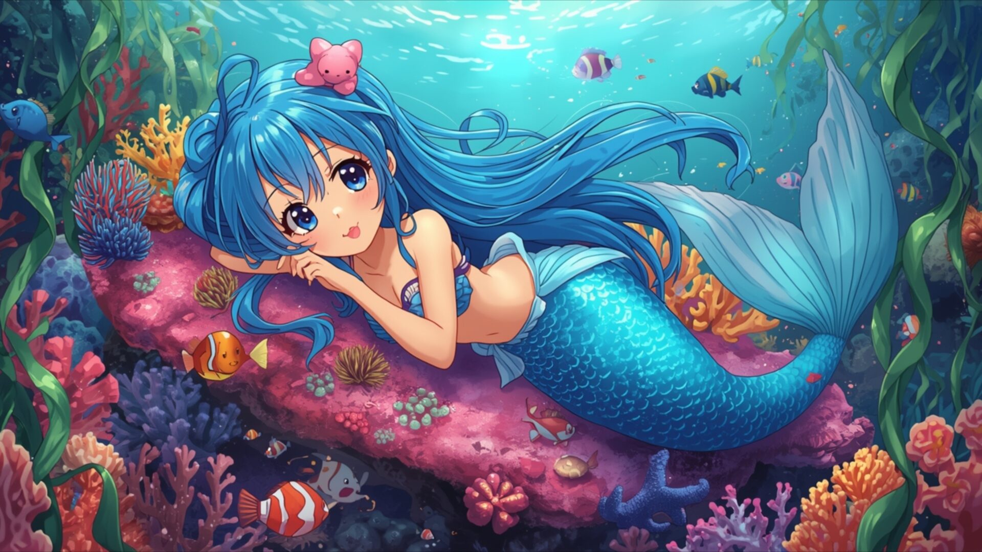cute mermaid girl resting on coral wallpaper, anime, anime, coral, cute, fantasy, girl, mermaid, ocean, desktop, mobile, background