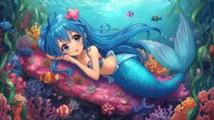Cute Mermaid Girl Resting On Coral