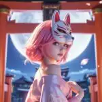 Cute Pink Hair Fox Mask Anime Girl Under Torii Gate