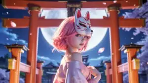 Cute Pink Hair Fox Mask Anime Girl Under Torii Gate