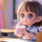 Cute Schoolgirl Drinking Strawberry Milk