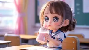 Cute Schoolgirl Drinking Strawberry Milk