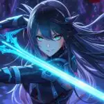 Cyber Anime Girl Holding Luminous Blue Sword in Dark Fantasy World
