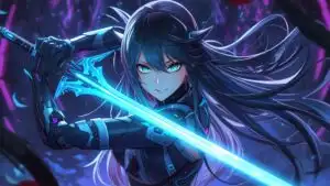 Cyber Anime Girl Holding Luminous Blue Sword in Dark Fantasy World