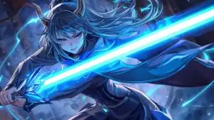 Cyber Fantasy Warrior Girl with Glowing Blue Energy Blade