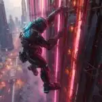 Cyber Titan Climbing Neon Megastructure Wall