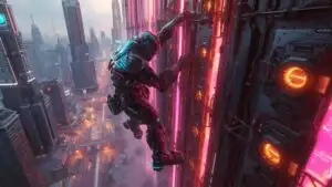 Cyber Titan Climbing Neon Megastructure Wall
