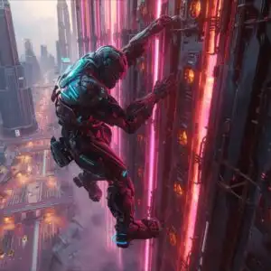 Cyber Titan Climbing Neon Megastructure Wall