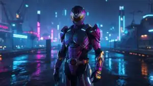 Cybernetic Mecha Guard Watching Over Neon Harbor