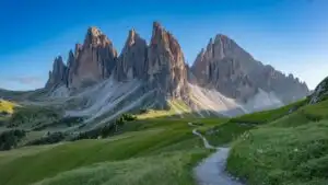 Dolomites Mountain Peaks and Alpine Meadow Path