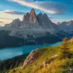 Dolomites Mountain Trail Over Turquoise Alpine Lake