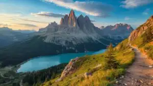 Dolomites Mountain Trail Over Turquoise Alpine Lake