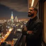 Drake Smiling on a Balcony Overlooking the City