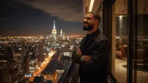 Drake Smiling on a Balcony Overlooking the City