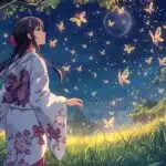 Dreamy Anime Girl Surrounded by Glowing Butterflies