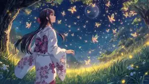 Dreamy Anime Girl Surrounded by Glowing Butterflies