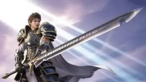 Epic Fantasy Warrior with Giant Sword Under Rays of Light