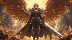 Fantasy Angel Warrior with Golden Wings and Sword