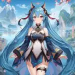 Fantasy Anime Girl with Blue Hair in Ancient Eastern City