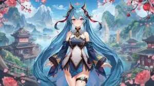 Fantasy Anime Girl with Blue Hair in Ancient Eastern City