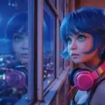 Futuristic Anime Girl Looking Over Neon City