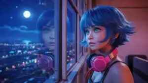 Futuristic Anime Girl Looking Over Neon City
