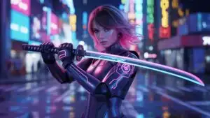 Futuristic Cyber Girl Holding Neon Katana