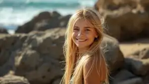 Girl Smiling Beside Ocean Rocks