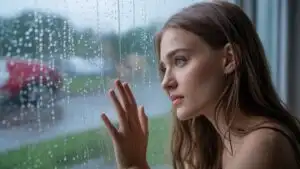 Girl Touching Rainy Window in Soft Evening Light