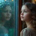 Girl Watching Rain Through Glass