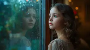 Girl Watching Rain Through Glass