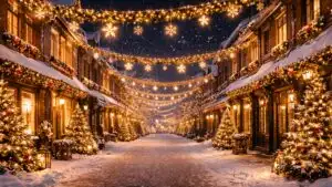 Golden Christmas Lights in Snowy Old Town Street