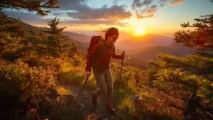 Golden Sunrise Mountain Hike Through Autumn Forest