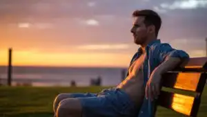 Lionel Messi Sitting on a Bench Watching the Sunset