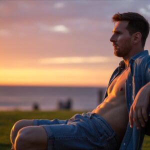 Lionel Messi Sitting on a Bench Watching the Sunset