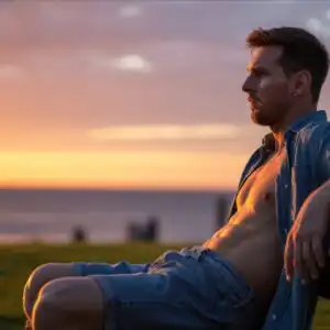 Lionel Messi Sitting on a Bench Watching the Sunset