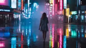 Lone Figure Under Neon Light