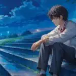 Lonely Anime Boy Sitting on Wet Steps Under Moonlight