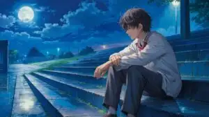 Lonely Anime Boy Sitting on Wet Steps Under Moonlight