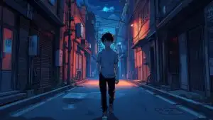 Lonely Anime Boy Walking Through Neon Alley at Night